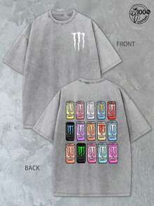 Pixel Style Monster Energy Drink T-Shirt With White Paw Logo And Monster Energy Drink Pattern; Off Road Bike, Motorcycle Monster Energy Sports Top, Fox Racing Monster Energy Clothing, Men's Casual Sports T-Shirt, Racing Enthusiasts, 230G Washed Cotton Double-Sided Printed T-Shirt, Pixel Style, Y2k Clothes, Perfect Gift, Comfortable Washed Cotton T-Shirt - 灰色 - 查看 7