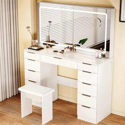 OYAJIA Makeup Vanity Desk With Mirror And Lights, White Vanity Table  With 3 Lighting Modes, Dressing Table Set With Cabinet 5 Drawers Shelves And Storage Stool For Bedroom