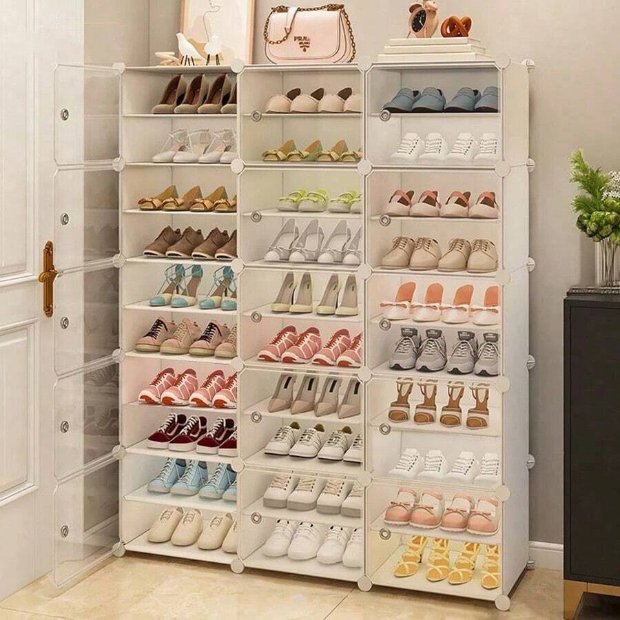 1pc 3-Tier 10-Layer Shoe Rack With Door, Portable Shoe Organizer Shelf, Expandable Vertical Shoe Rack, Holds 8-60 Pairs Of Shoes/Boots/Slippers, Large DIY Plastic Disassembled Shoe Rack, Suitable For Entryway, Bedroom - White - View 1