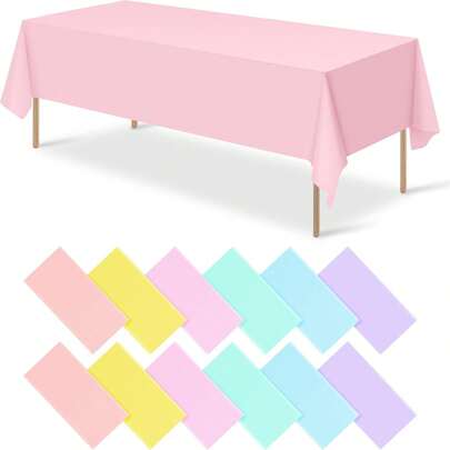 A Set Of Pastel - Colored Tablecloths With 6 Colors. These Are Disposable Rectangular Plastic Colored Tablecloths, Suitable For Outdoor Scenes, Festival Events, Ice - Cream Party Decorations, As Well As For The Layout Of Dining Halls At Graduation Ceremonies, Weddings, Picnics And Other Occasions.