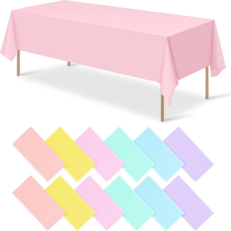 Bộ 6 khăn trải bàn màu pastel. Đây là những khăn trải bàn hình chữ nhật bằng nhựa dùng một lần, thích hợp cho các sự kiện ngoài trời, lễ hội, trang trí tiệc kem, cũng như để bài trí phòng ăn trong lễ tốt nghiệp, đám cưới, dã ngoại và các dịp khác. - Nhiều màu - Xem 1