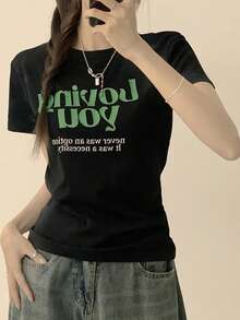 Short Sleeve T-Shirt For Women, Summer Fashion, Versatile, Loose Fitting, Round Neck Top - Black - View 2