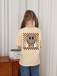 Tween Girl Casual Amusing Graphic Round Neck Short Sleeve T-Shirt Summer Top - Apricot - View 2