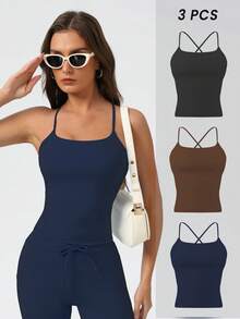 Sodalemon Women Training Fitness 3PCS Tank Top Set Sleeveless Spaghetti Strap Cross Back Athletic Gym Wear Outdoor Casual Padded Yoga Sport Tank Top Summer - Multicolor - View 4