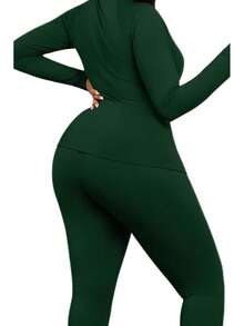 2 Piece Yoga Workout Set For Women - Zip Up Thumbhole Jacket High Stretch Gym Leggings Tracksuit - Dark Green - View 4