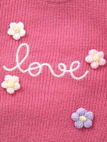 Suéter de cuello redondo tejido para niñas con patrón de letra "Love" + Aplicación floral 3D linda - Rosa - Ver 5