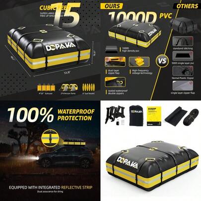 Car Rooftop Cargo Carrier Bag100% Waterproof Heavy Duty 1000D Car Top Carrier 15 Cubic Feet Car Roof Bag For All Vehicle With/Without Rack Anti-Tear Anti-Slip Mat Lage Lock 6 Door Hooks