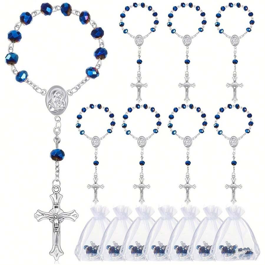1/5/10 Sets - Baptism Gift Set, Faux Navy Blue Crystal Bracelet And Cross Pendant, Benefits For Birthday Party And Commemorative Gifts, Benefits For Baptism Wedding Party, Women Baptism Gifts, Birthday Party Gifts, Wedding Party Gifts, Bridal Shower, Anniversary Party, Theme Party, Halloween, Christmas, Thanksgiving And Harvest Festival Gifts And Decorations, Autumn (Blue) - Blue - View 1