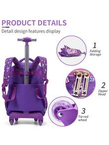 BLING BABIES 3件套女童拉杆背包，双面可爱卡通猫亮片设计，带午餐盒和铅笔盒 - 紫色，适合日常通勤，夜光功能 - 紫色 - 查看 10