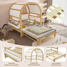 Extendable Arched Roof Bed, Sliding Bed, Children's Bed, Daybed, Small Side Shelf, Pine+MDF, White+Natural, 140x200cm - White - View 7