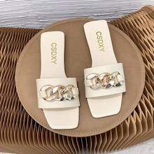 Sandalias planas para mujer Sandalias planas informales para mujer Nuevas sandalias planas con cadena metálica para verano Sandalias de moda con punta abierta y cadena metálica Sandalias planas con punta cuadrada en varios colores Sandalias de tiras para vacaciones de primavera/verano en la playa Calzado de playa para mujer - Blanco - Ver 5