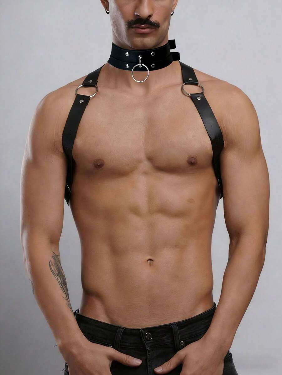 1/2pcs Men's PU Leather Collar And Shoulder Strap, Gothic Style Lingerie Accessory, Suitable For Daily Wear And Party - Black - View 1