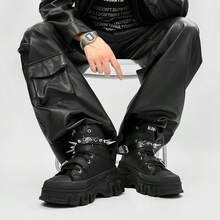 3pcs Men's Fashionable Thick Sole Elevated Motorcycle Boots, Solid Color Casual Punk Preppy Style Outdoor, Rivet Decor Removable & Versatile, Suitable For All Seasons