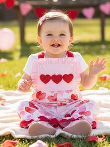Valentine's Day Baby Girls Overalls Cute Heart Embroidery Sleeveless Square Neck Bell Bottoms Jumpsuit - Red - View 3