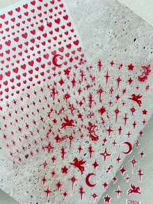 6pcs 3D Red Heart Nail Art Stickers, Cute Heart Nail Decals, Red Heart Valentine's Day Self-Adhesive Heart Nail Stickers - Red - View 4