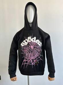 Men's Oversized Hip Hop Spider Web Pattern Graphic Alphabet Print Harajuku Vintage Hoodie Long Sleeve Street Wear Top For Both Men And Women Big Size Hoodies - 黑色 - 查看 2