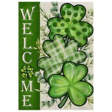 [St. Patrick'S Day Clover Design Flag] 1pc St. Patrick'S Day Welcome Garden Flag, Double-Sided Polyester Yard Flag, Green Clover Design, Multipurpose Home & Garden Decor, Weather-Resistant, 12x18in With No Flagpole Included For Outdoor Use. - Multicolor - View 1