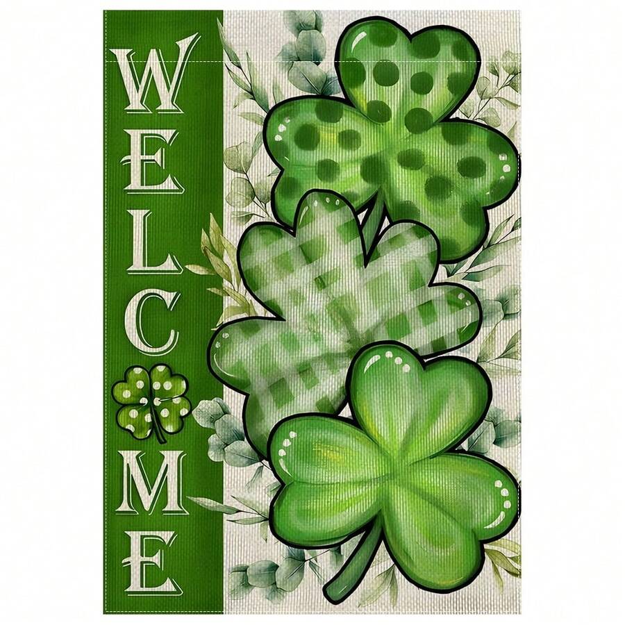 [St. Patrick'S Day Clover Design Flag] 1pc St. Patrick'S Day Welcome Garden Flag, Double-Sided Polyester Yard Flag, Green Clover Design, Multipurpose Home & Garden Decor, Weather-Resistant, 12x18in With No Flagpole Included For Outdoor Use. - Multicolor - View 1