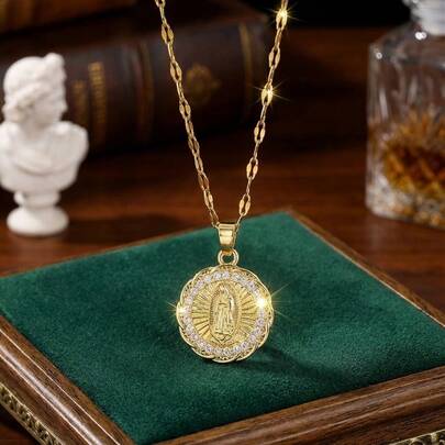 1 pieza Collar con colgante de Virgen María de cobre con circonita, estilo vintage hip-hop, con cadena de acero inoxidable, adecuado para que las niñas lo usen en fiestas, banquetes, festivales y ocasiones diarias, joyería exquisita, accesorios dorados, esencial para la temporada de regreso a clases