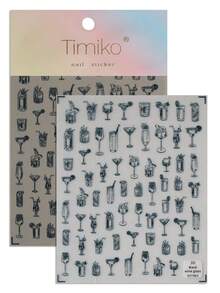 A Wine Glass Cocktail Main Picture Nail Sticker, Embossed Texture, Black And White Hand Drawn Style, With High Footed Cup, Cocktail Glass, Cocktail Shaker, Cold Drink Cup And Other Wine Utensil Patterns, Suitable For Personal DIY And Creating A Casual And Simple Style Nail Art Nails - Black - View 8