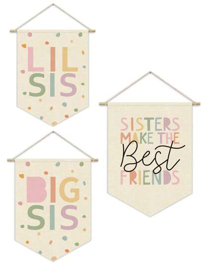 1pc "Sisters Are The Best Friends" Cute Pink Canvas Banner Wall Art Decor For Girls Room, Nursery, Bedroom, Playroom