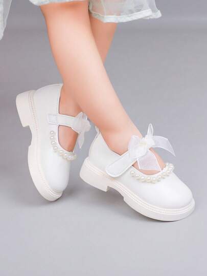 1 par de zapatos planos para niñas, diseño elegante y versátil con lazo, zapatos de estilo de hada de moda de cuero