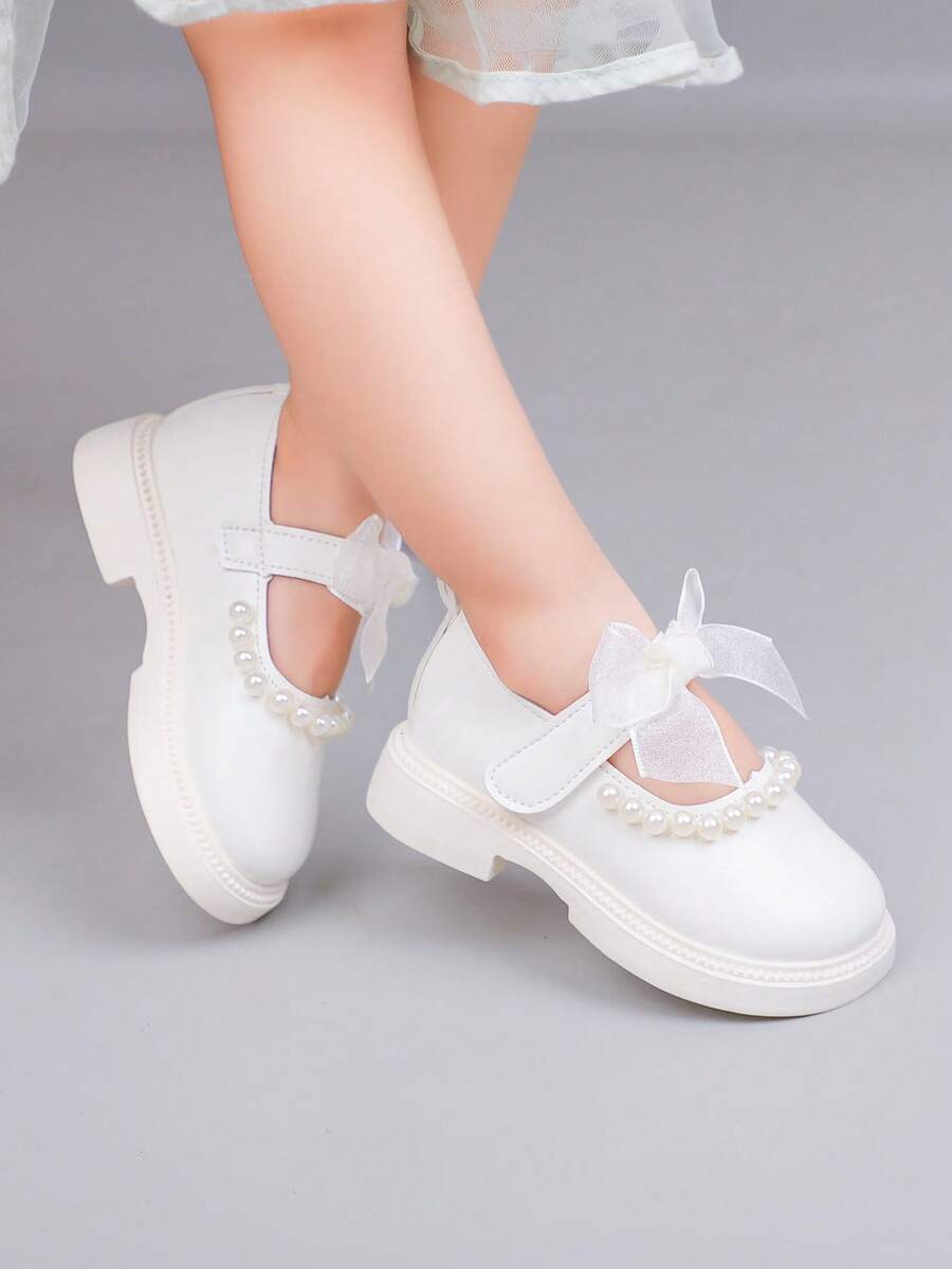 1双女婴平底鞋，优雅百搭的蝴蝶结设计，时尚仙女风真皮鞋 - 白色 - 查看 1