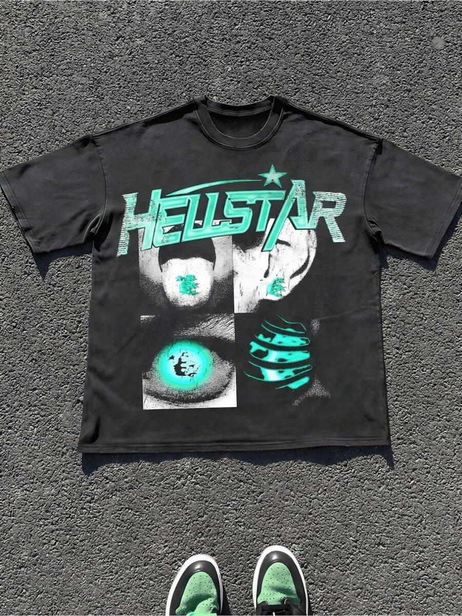 Men's Graphic 100% Cotton T-Shirt, Hellstars Green Star Eye Graphic Print, Short Sleeve Round Neck, Streetwear Dark Art, Casual Street Outfit, All-Season Wear - 黑色 - 查看 1
