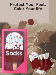1 par de calcetines de media caña creativos de colores múltiples con diseño de helado, caja de regalo, nuevos calcetines deportivos unisex de otoño/invierno 2025, diseño inspirado en alimentos imaginativos, tejido de punto, largos y gruesos, suaves y cómodos - Multicolor - Ver 5