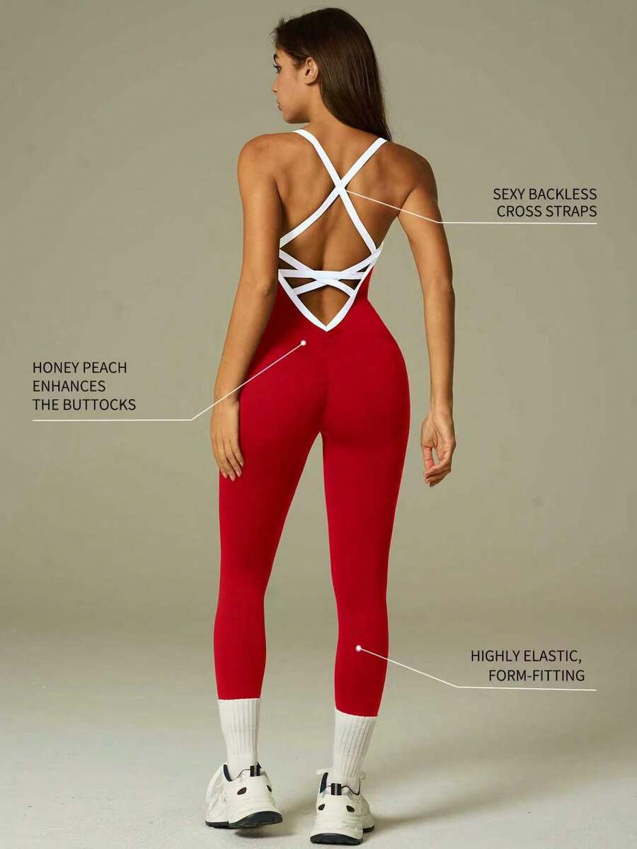 UONNOU 1pc Women's Sleeveless Backless Jumpsuit, Sports Bodysuit, Yoga Outfit, Casual Wear, Peach Hip Lifting, Waist Slimming, Full Body Shaping, Seamless Knit Soft Fabric, Tight Fit Sports Jumpsuit, Suitable For Outdoor Sports, Yoga, Running, Casual Daily Wear, Commute, Street, Party, Festival, All Season, Spring/Summer