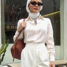 DAZY Camisa con botones frontales sólidos, tops de manga larga para otoño - Blanco - Ver 1