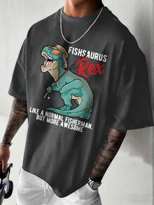 Men's Summer Fashion Simple Dinosaur Element Print Short Sleeve T-Shirt | Basic Style Street Casual Top - Dark Grey - View 2