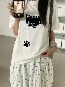 可爱Y2K风格像素猫爪印花短袖T恤，洛丽塔宽松百搭半袖 - 白色 - 查看 2