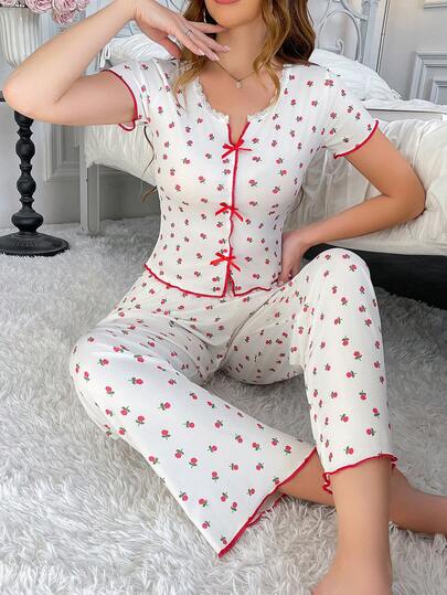 2pcs Women's Striped Floral Print Sleepwear Set, Featuring Bow Lace Trim, V-Neck, Fitted, Comfortable Short Sleeve Top And Pants, Suitable For Loungewear Or Casual Wear, Spring/Summer