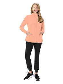 cimmuovere Solid Color Zipper Front Stand Collar Long Sleeve Scrub Jacket - Coral Orange - View 5