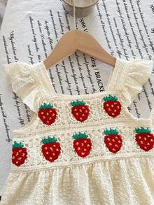 女童草莓印花套装，3D钩针编织短袖上衣+米色纹理阔腿裤，儿童甜美休闲两件套，夏季 - 杏色 - 查看 5