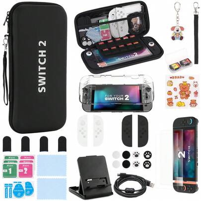 Kit de accesorios para el modelo 2 de NintendoSwitch, incluye estuche de transporte, paquetes de alcohol, paño libre de polvo, pegatinas, llavero, estent, caja de tarjetas, pegamento libre de polvo, bolsa, manga de dedos, manga de control remoto multicolor, protector de Joy-Con, estuche de trasfondo transparente, manga de asa transparente, línea de datos, película templada