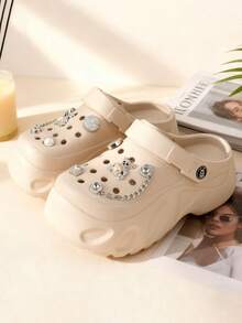 Sandalias con suela gruesa y huecas,  2026 Calzado de mujer para primavera/verano, Sueco mujer, EVA, plataforma, correa abatible, charms, suela ligera,Sandalia mujer Eva Suave Punta Redonda Sin Cordones Plataforma Decoración Personalizada Estilo Casual Para Playa/Casa Zuecos,Sandalias con suela gruesa y huecas, de moda para fiestas de jardín, casual y lindo, diseño de dibujos animados en EVA, para playa y exterior - Beis - Ver 5