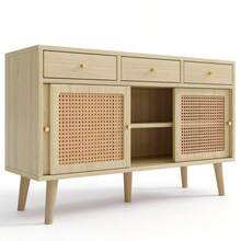 Sideboard, Chest Of Drawers With 3 Drawers And 3 Sliding Doors, Rattan Weave On The Door Fronts, Solid Wood Legs, Gold Metal Bar Handle, Adjustable Shelves, Oak, 120 X 40 X 78 Cm - 自然色 - 查看 6