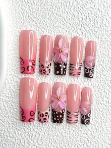 10pcs Sweet Girl Nail Stickers Set, Acrylic Nail Art Kit, Brown Wavy, Leopard, Striped Nail Decals, Hand-Painted Pink 5-Petal Sculptural Flower Nail Accessories, Rose Pink & White Nail Polish, Includes Nail Tools (1 Jelly Sticker + 1 Nail File), 3 Sizes: Almond, Duck Mouth, Coffin Shape Nails Nail Supplies - 彩色 - 查看 18