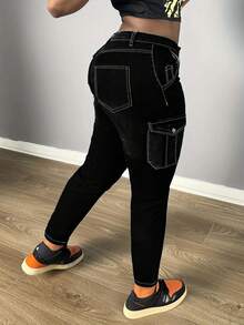 Large Women's Jeans  Plain  Plain    Button  Pocket  Zipper    Daily    Autumn And Winter  Versatile  Black Workwear Style Jeans  Engage Your Core And Lift Your Hips  Multi Pocket Slim Fit Pants That Look Slim And Small - màu đen - Xem 1