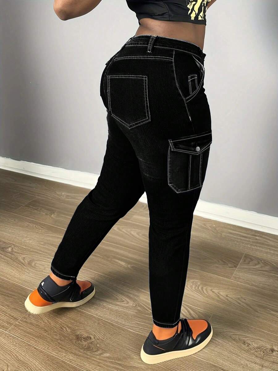 Large Women's Jeans Plain Plain Button Pocket Zipper Daily Autumn And Winter Versatile Black Workwear Style Jeans Engage Your Core And Lift Your Hips Multi Pocket Slim Fit Pants That Look Slim And Small - màu đen - Xem 1