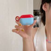 复古红蓝格子耳机套，带挂环，可爱保护套，兼容 Pro 2、 Pro 4，简约设计，兼容 3、第一代/第二代，女士款 - 藍色 - 查看 2