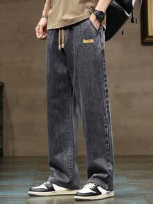 pantalones hombre vaqueros hombre ropa de hombre Pantalones vaqueros informales lavados para hombre con cordón y cintura elástica para uso diario - Gris Oscuro - Ver 8
