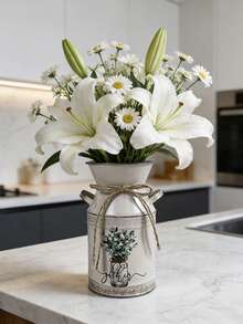 19cm High X 13cm Wide Silver Gray Milk Pitcher Shaped Vase. The Vase Body Is Printed With A Fresh Plant Pattern, Suitable For Vibrant Flowers Like Purple Bougainvillea. Weight: 0.16kg. - Light Grey - View 8