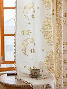 1pc Ramadan Beige Curtain With Gold Moon, Star, Lantern Pattern, Beige Tassel Decor, Room Divider, Door Curtain, Kitchen Short Curtain, Washable, Home Decor, Suitable For Bedroom, Study, Living Room, Dining Room, Holiday, Theme Party, Arabic Style - Beige - View 2