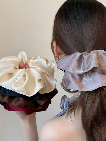 Solid Color Fabric Scrunchies - Low Saturation Hair Bands With Metal Buckle Detail For Daily Ponytail, Bun, Retro Wrist Accessory, Gentle Style Head Accessories ,Hair Ties ,Scrunchy Hair Ties