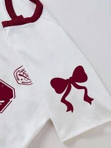 Camiseta de manga corta con cuello en V y estampado numérico para adolescentes, y pantalones cargo de unicolor - Burdeos - Ver 4