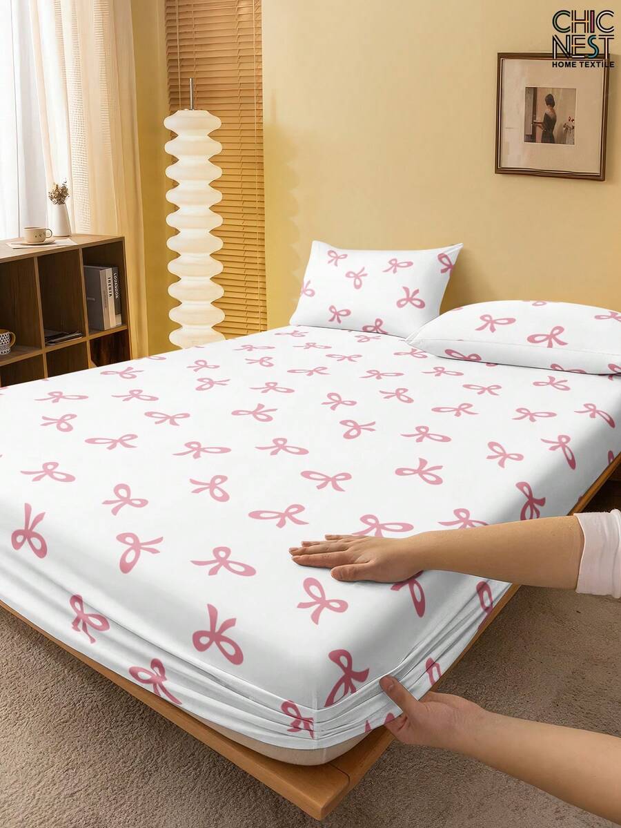 1 Ga trải giường vừa vặn họa tiết nơ hồng, tấm bảo vệ nệm họa tiết cành cây, ga phủ nệm ngày Valentine cho giường ngủ, mềm mại và thoáng khí, phù hợp với mọi kích cỡ giường - đơn, đôi, cỡ lớn, cỡ Queen, độ sâu túi lên đến 11,8 inch. - trắng - Xem 1