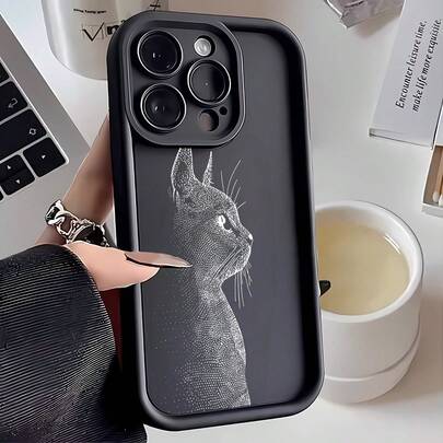 1pc White Cat Side Face Cute Personalized Kitten Pet Animal Minimalist Fashionable Black & White Sketch Style European And American Style For Women, Matte Black Lens Frame Stepped Design Full Coverage Anti-Drop Soft Case, Compatible With Samsung/Galaxy/OPPO/VIVO/Honor/Realme Phones